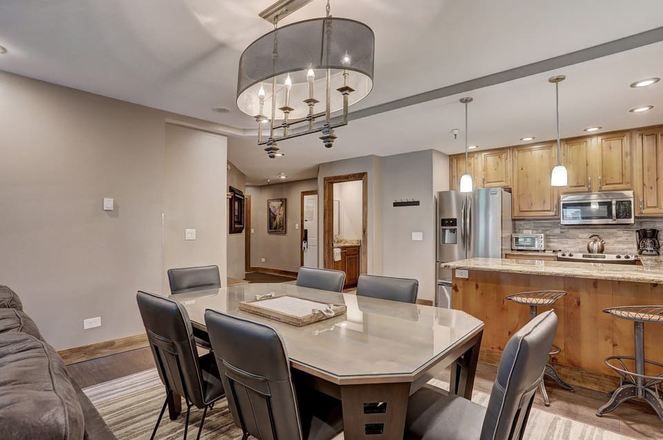 Enjoy a meal at the dining room table.
