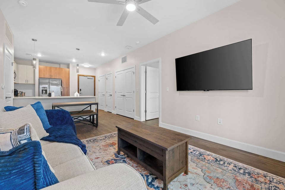 Cozy living with smart TV and natural light