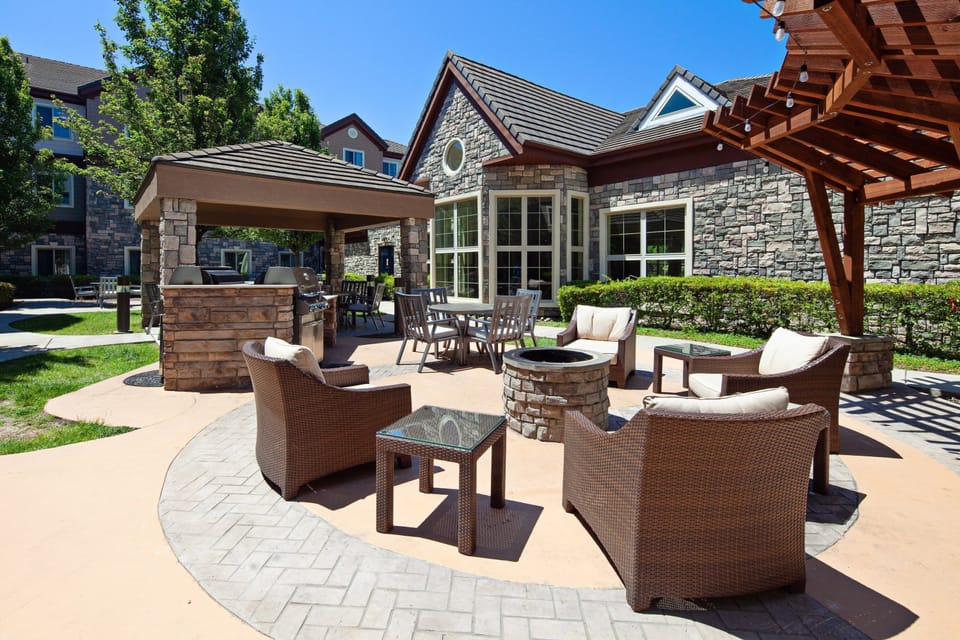 Reconnect with friends around the shared fire pit.