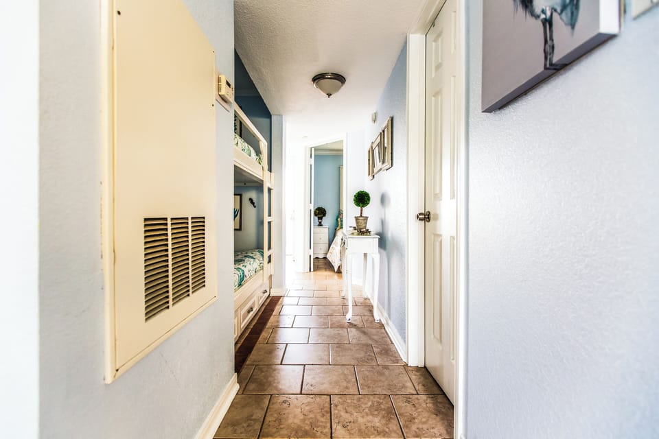 hallway, bunkbeds, bedroom and bathroom