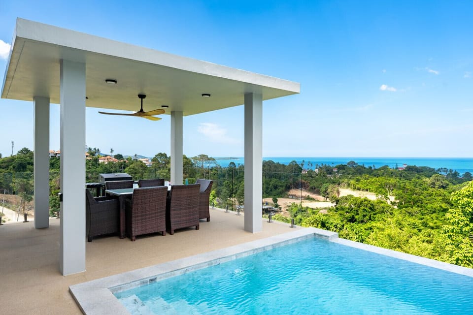 Villa Gala exterior with infinity pool and sweeping sea views in Chaweng Noi, Koh Samui