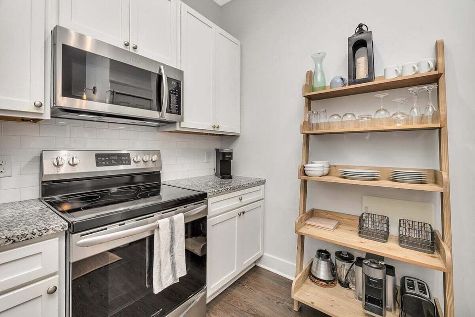 Kitchen with stainless steel appliances.