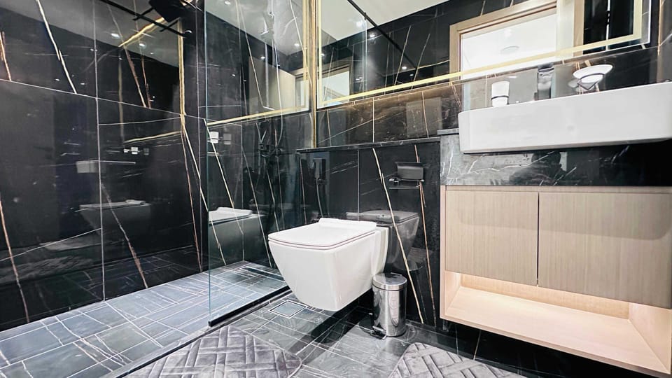 Shower, hair dryer, towels, toilet paper