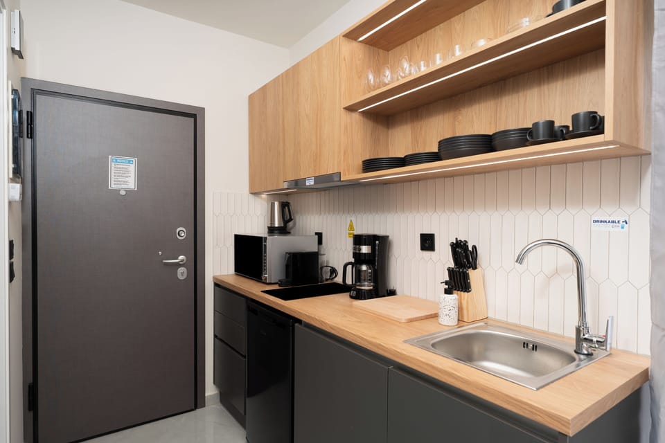 Panoramic Apartment, City View | Private kitchen | Mini-fridge, microwave, stovetop, espresso maker