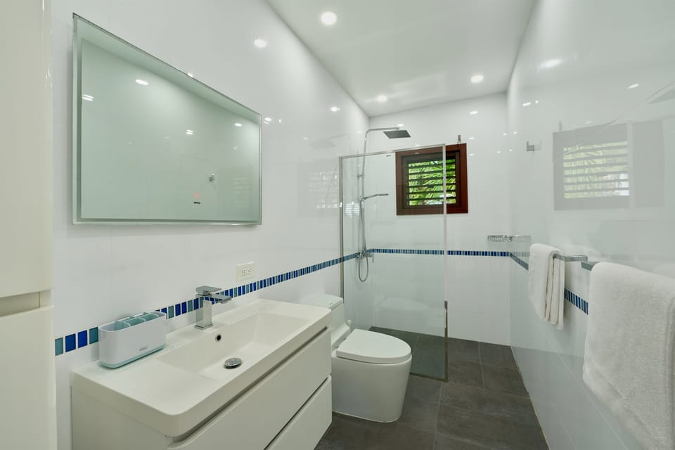 The modern bathroom includes a walk-in rain shower, sink with mirror, cupboard storage, a separate tall storage unit, toilet, and hairdryer. Hand soap, shower gel, shampoo, and conditioner are provided