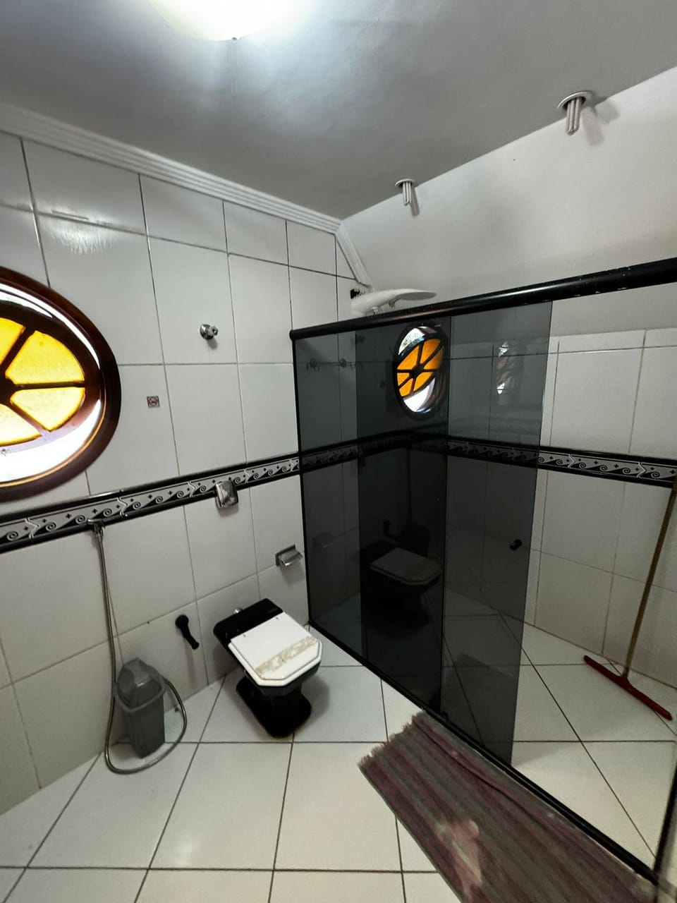Shower, hair dryer, towels, toilet paper