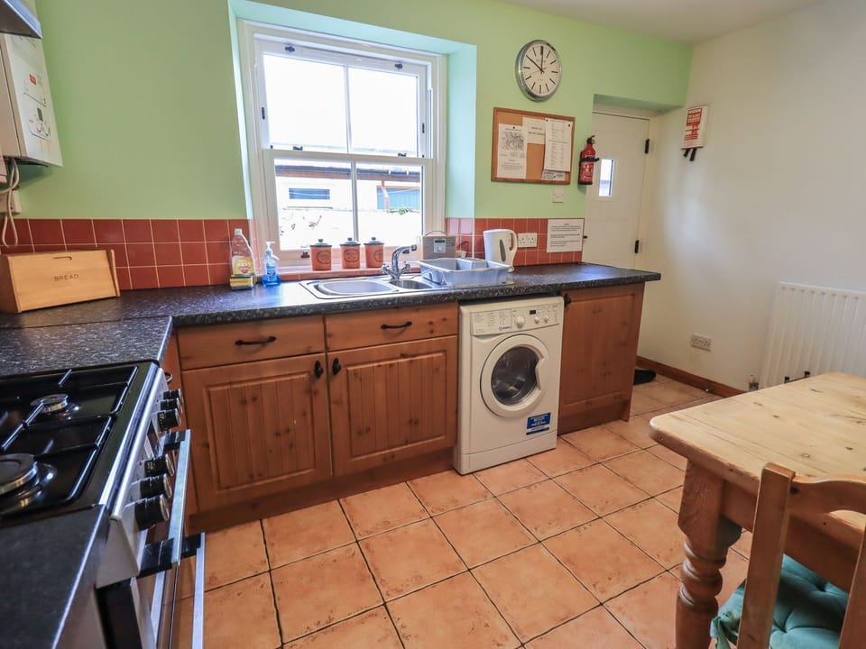 Fridge, microwave, toaster, cookware/dishes/utensils