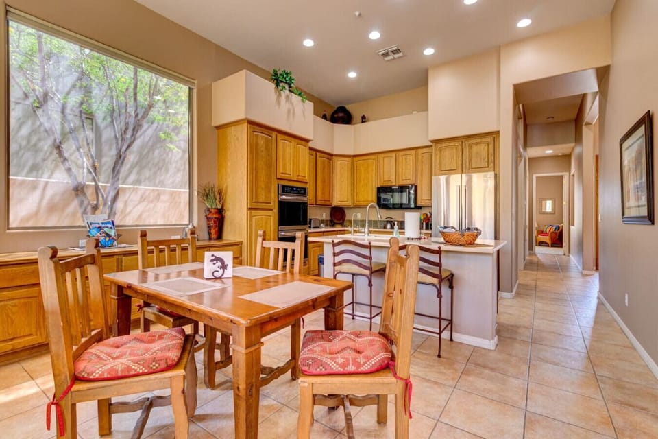 Kitchen table, island and kitchen