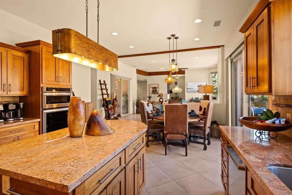 The adjacent dining area seats six comfortably