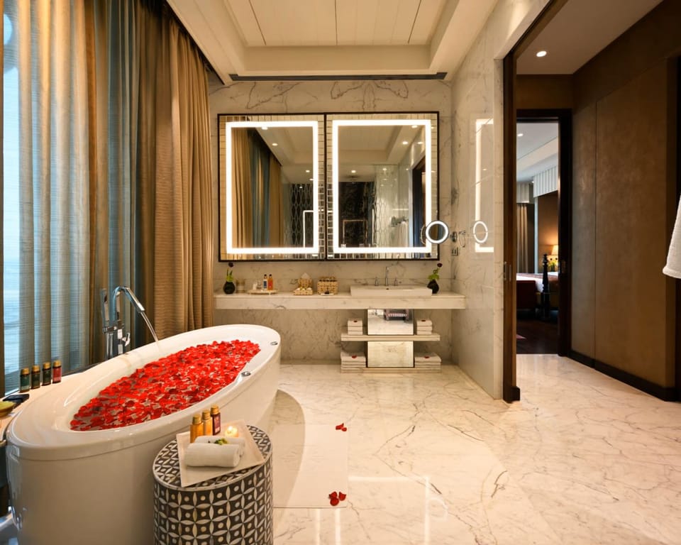 Separate tub and shower, deep soaking tub, rainfall showerhead