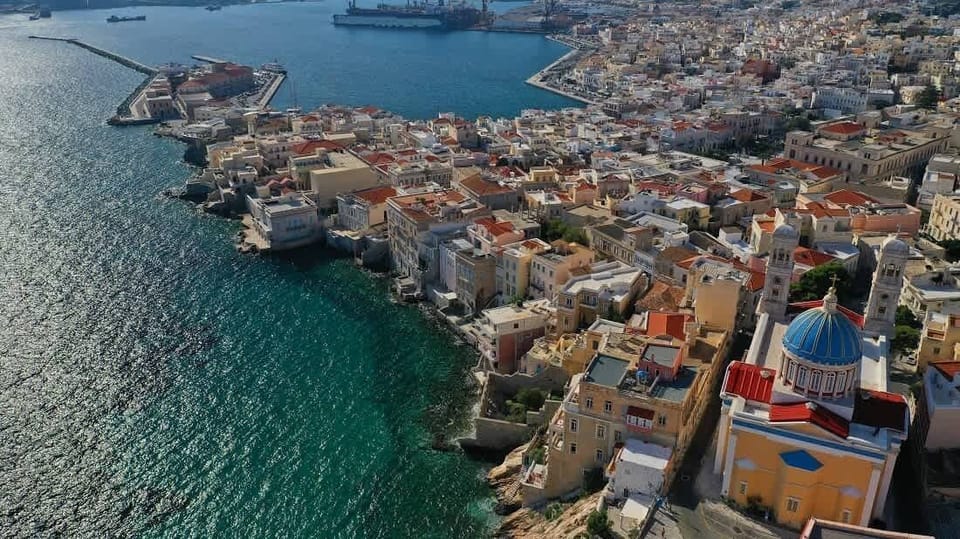 Ermoupoli from Above – Panoramic view of the elegant capital of Syros.