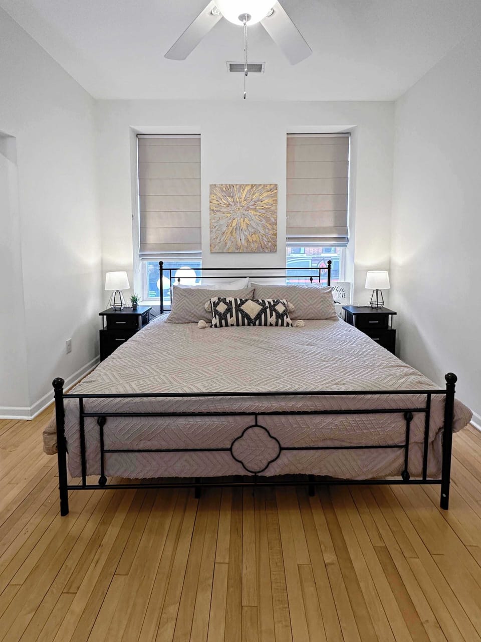 King bed. Night stands have USB Charging and night lights. 