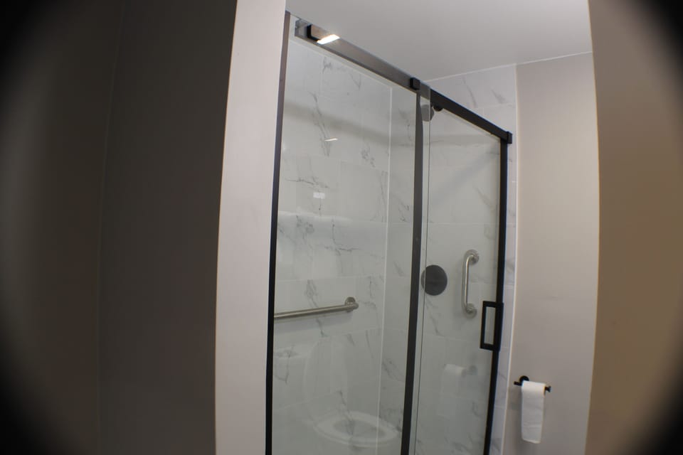 Shower, towels, soap, shampoo