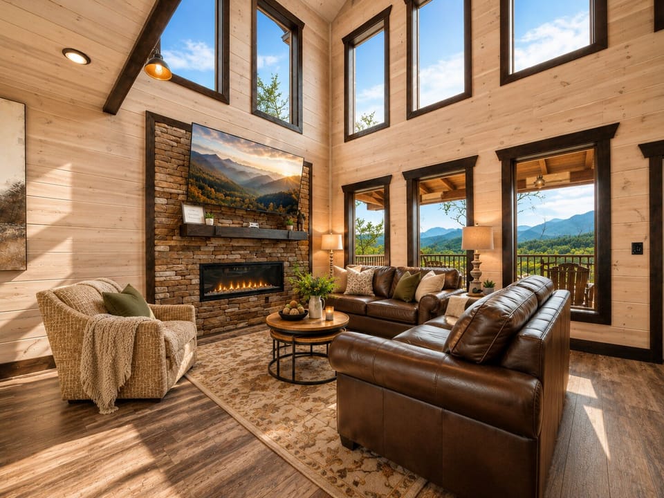 Our beautiful living room features floor to ceiling glass that captures Million $$$ mountain view!