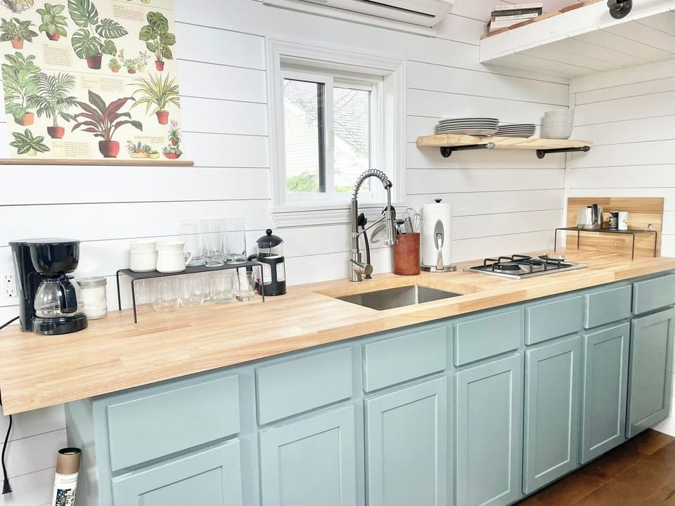 Full kitchen.  Gas stove, drip coffee, and a microwave.