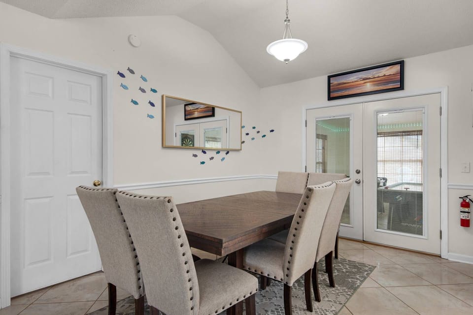 The dining table offers seating for eight