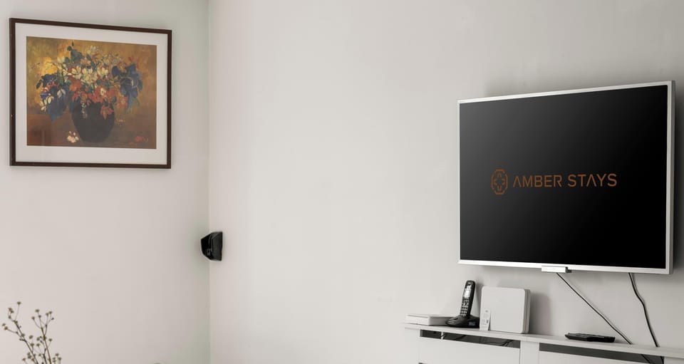 Wall-mounted flat-screen TV positioned above a classic white radiator cover.