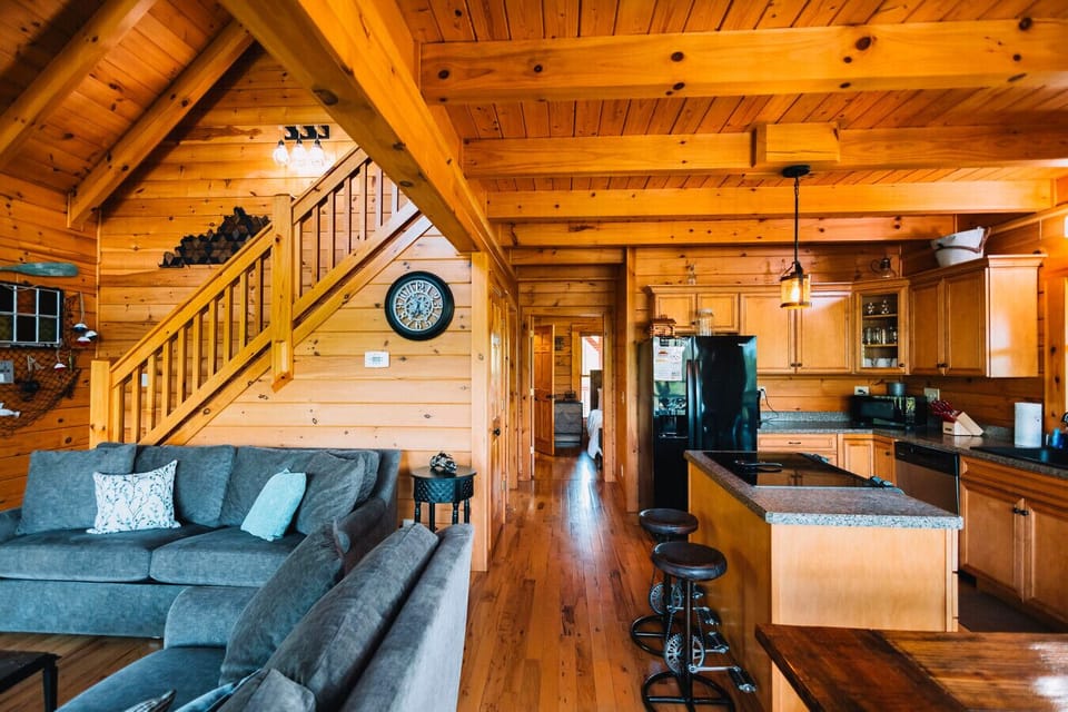 The kitchen and dining space are part of this cabin`s open layout concept