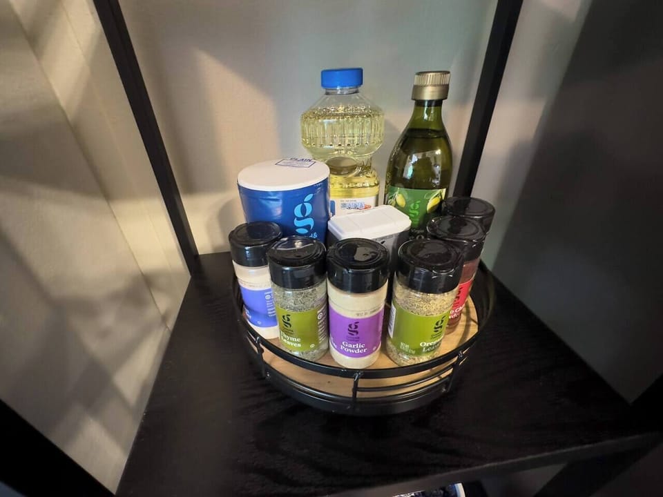 Kitchen. We provide vegetable oil, olive oil, salt, pepper, and basic spices. 