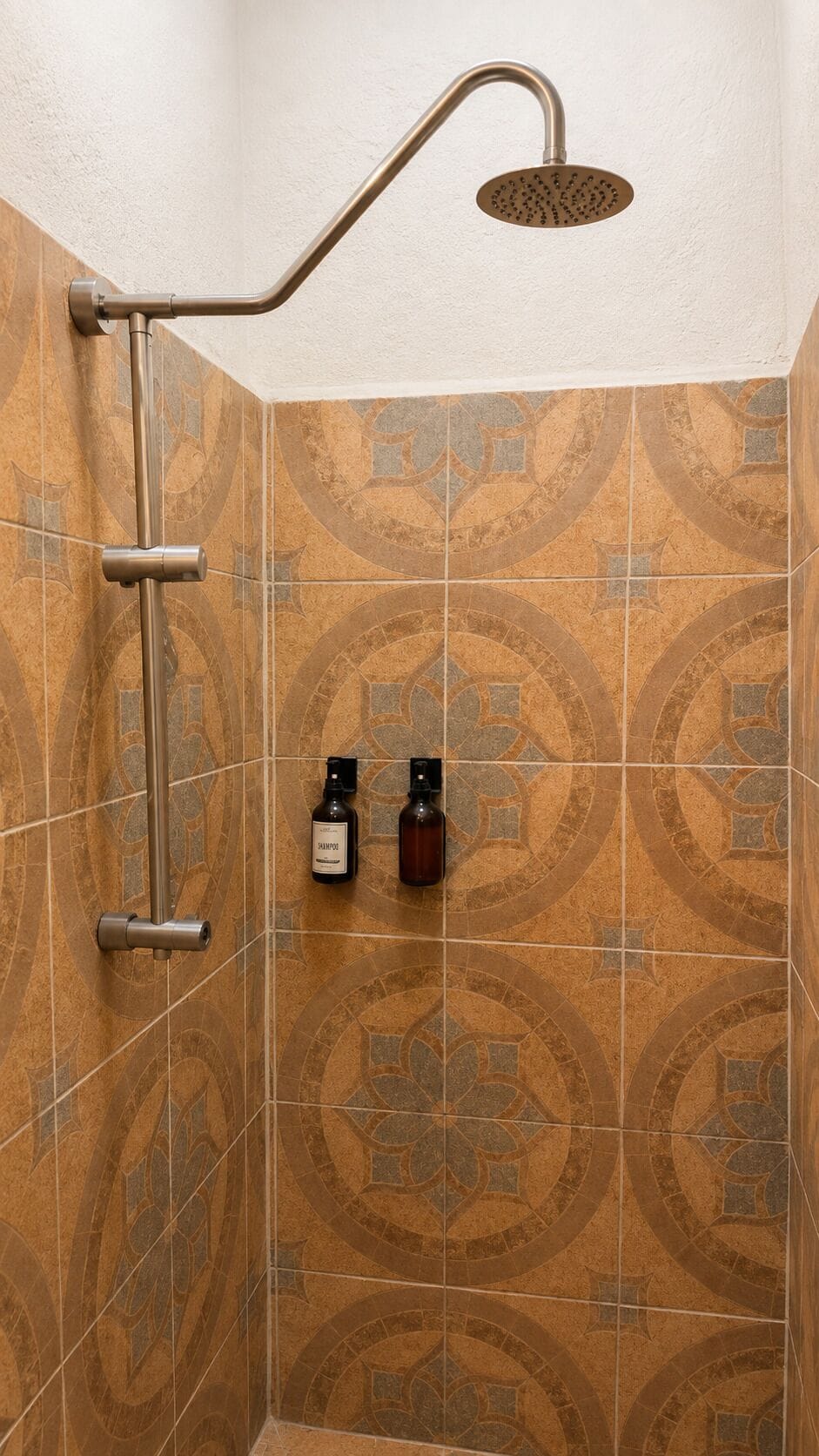 Shower, rainfall showerhead, heated floors (bathroom), towels