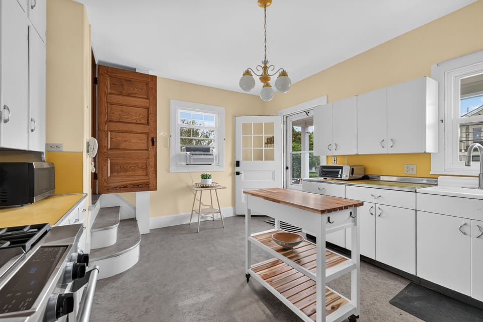 Kitchen with gas range.