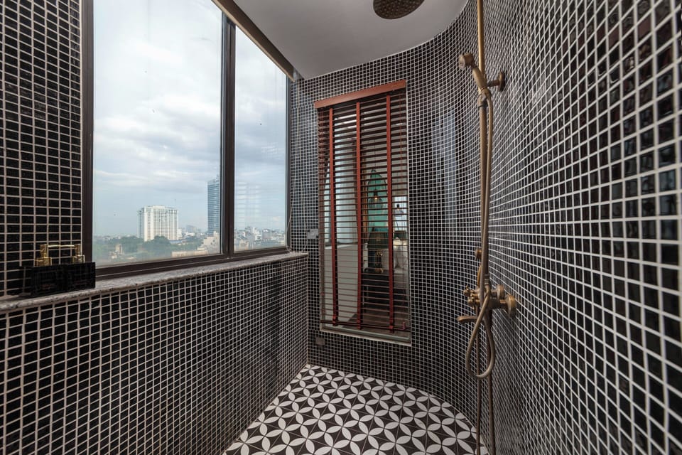 Shower, hydromassage showerhead, designer toiletries, hair dryer