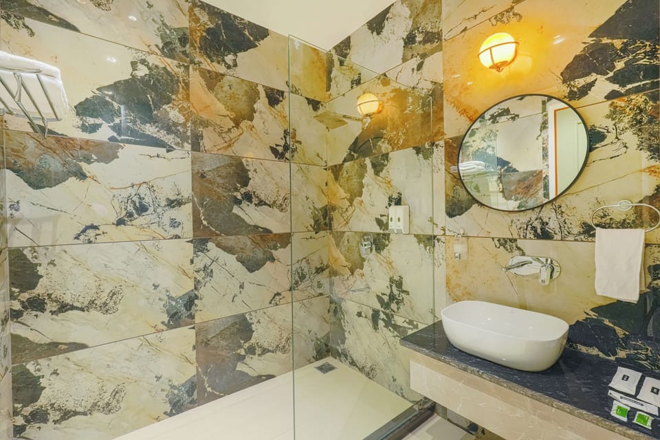 Shower, slippers, towels, soap