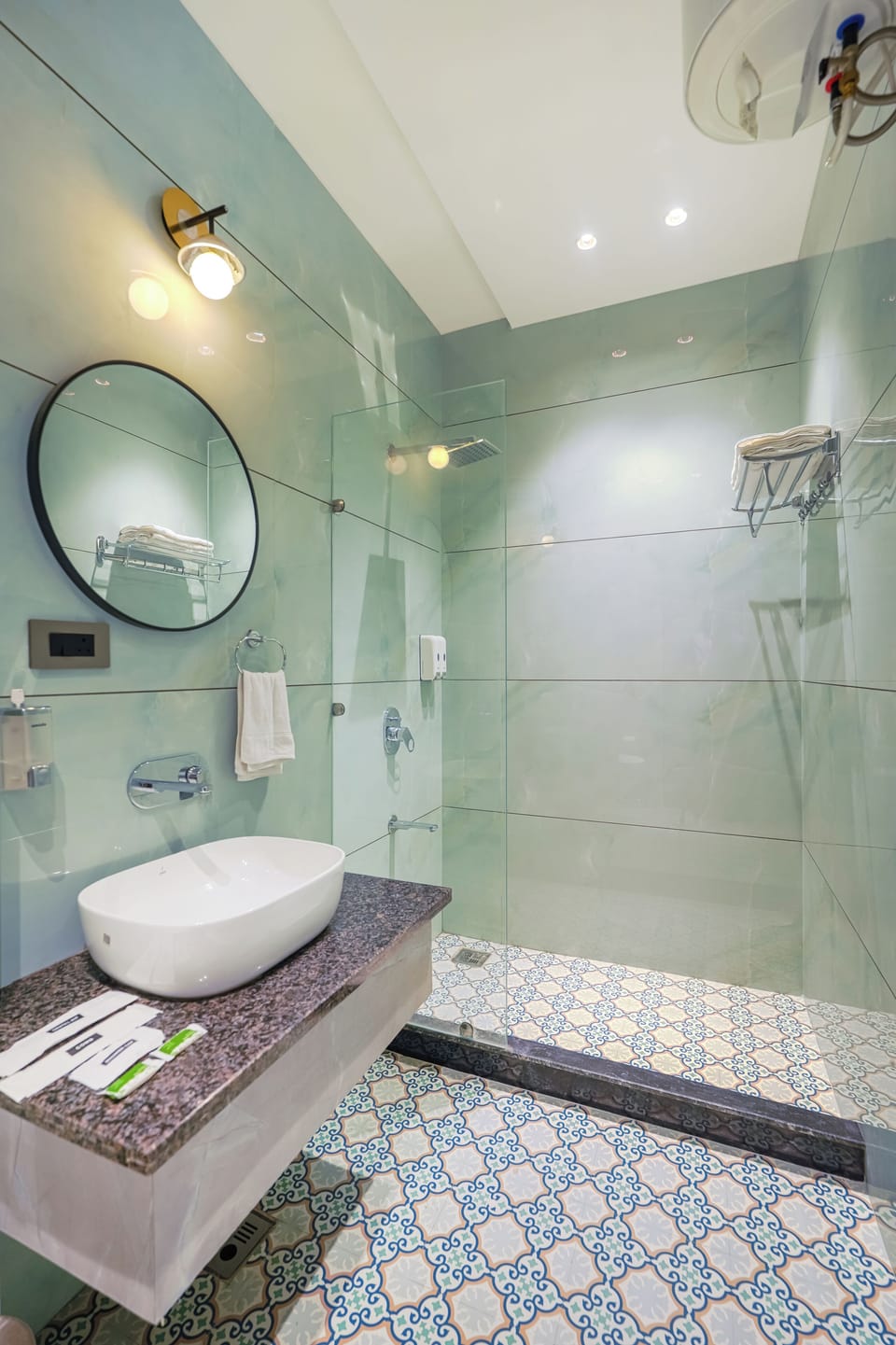 Shower, slippers, towels, soap