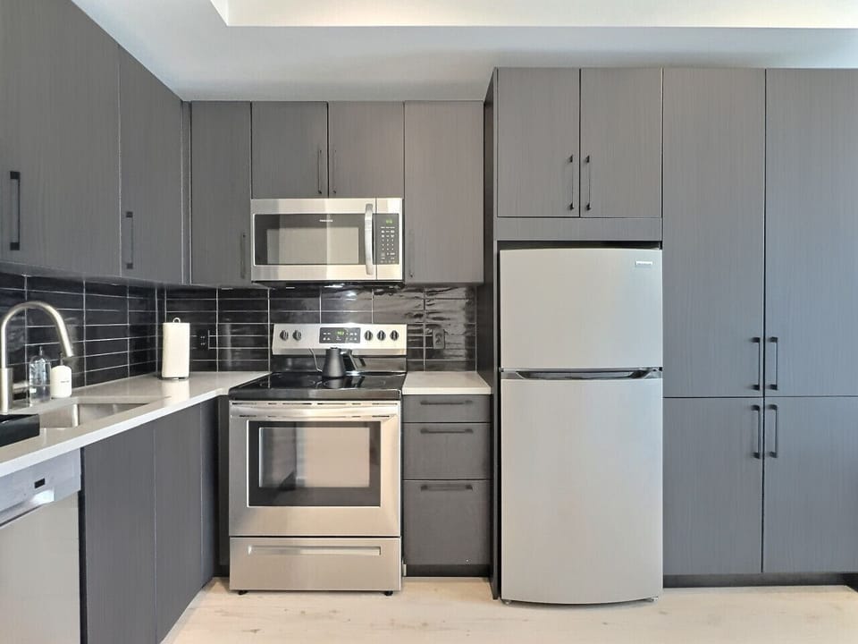 Fully equipped modern kitchen featuring stainless appliances in a furnished apartment.