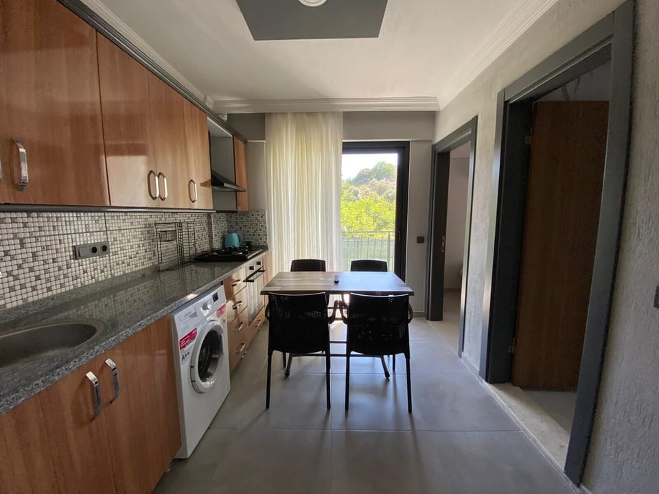 Deluxe Apartment, Balcony, Pool View | Private kitchen | Full-size fridge, microwave, oven, stovetop