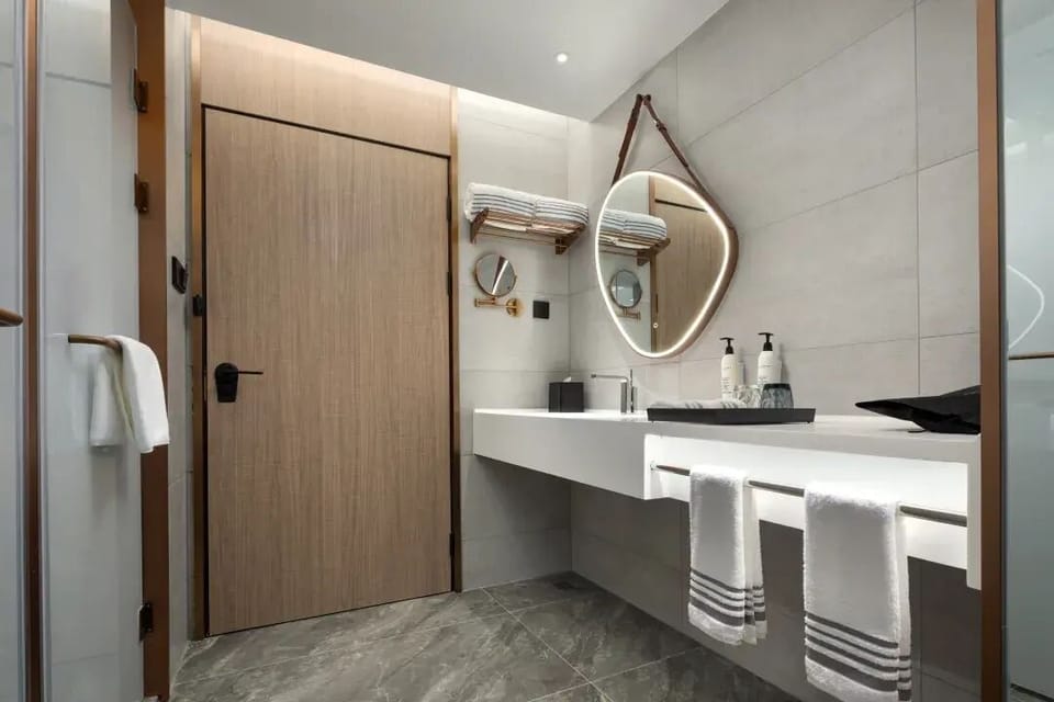Shower, hair dryer, soap, shampoo