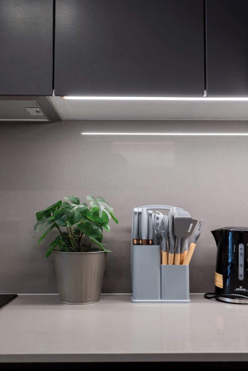 Modern kitchen with sleek cabinetry, essential utensils, and a touch of greenery for a refreshing cooking experience.