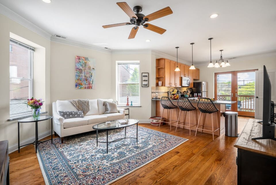Kick back in our fully furnished living room after strolling Chicago.