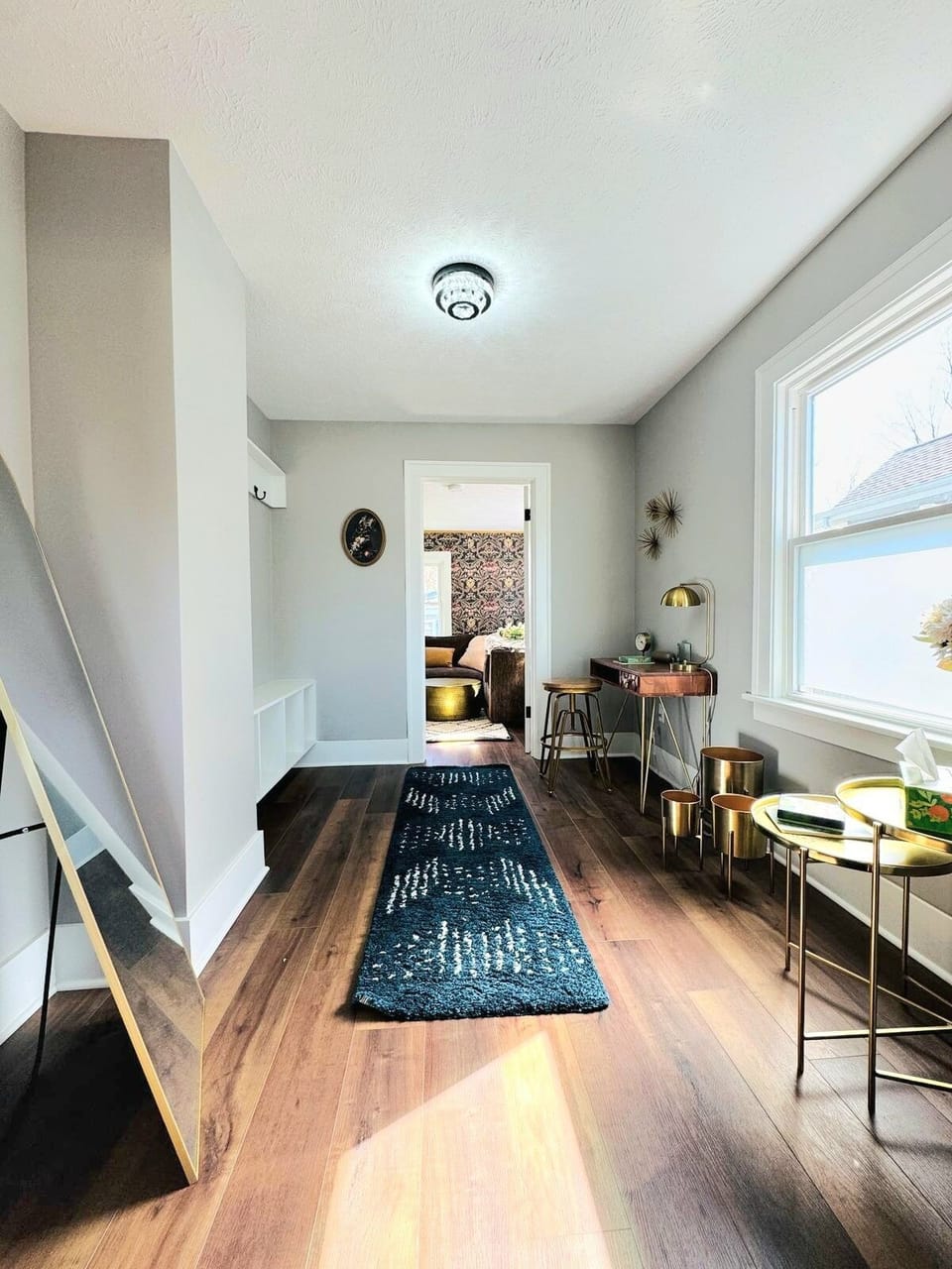 Workspace area with hardwood flooring