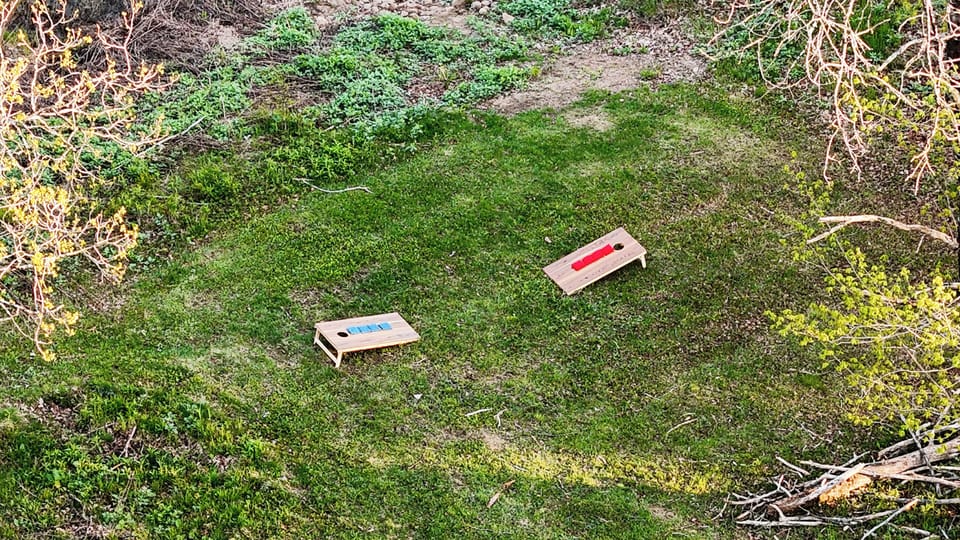 Perfect lawn, perfect weather, and cornhole