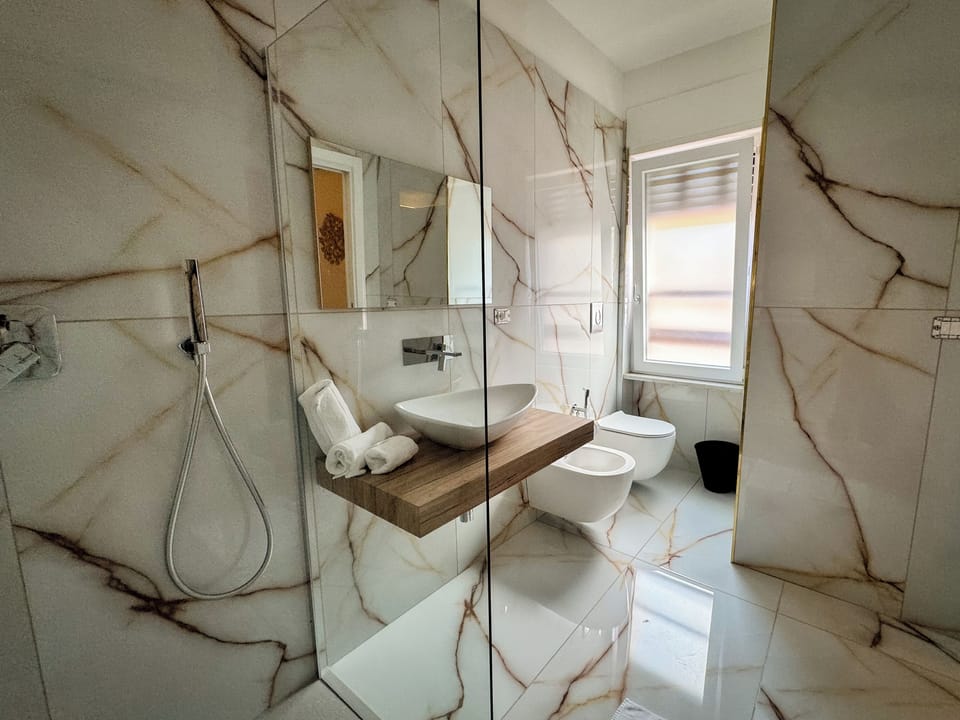 Hair dryer, bidet, towels, soap