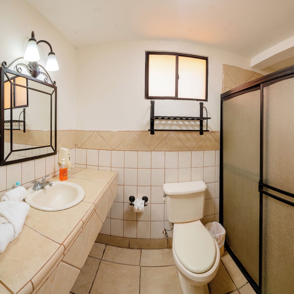 Comfort Double Room, Garden View | Bathroom | Shower, towels, soap, shampoo
