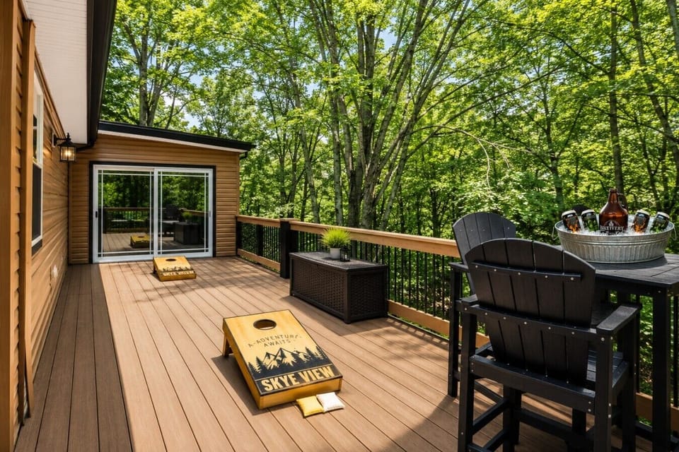 Challenge your crew to a friendly game of cornhole while soaking in peaceful woodland views. 🌲🎯