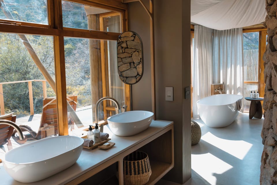 Dwyka Tented Lodge 1 | Bathroom | Separate tub and shower, deep soaking tub, rainfall showerhead