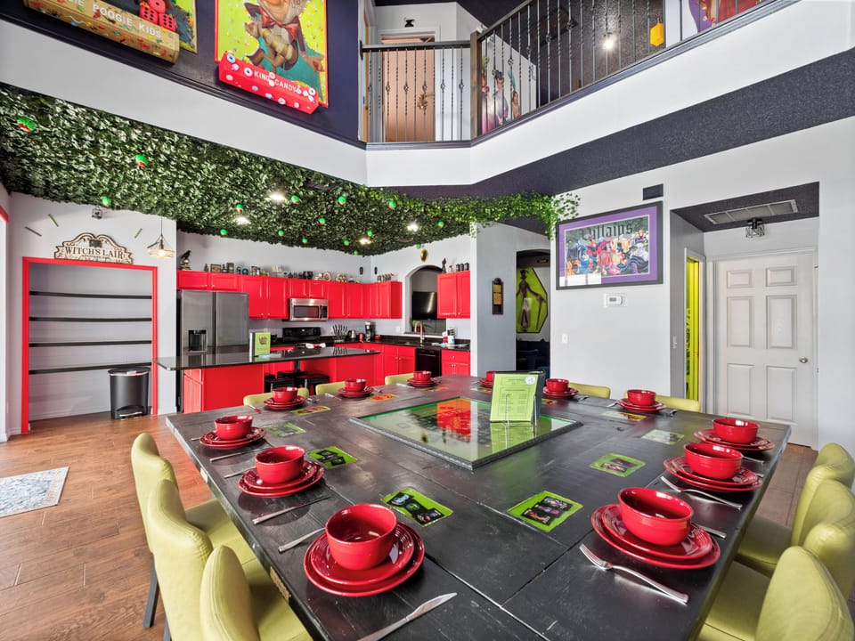 Welcome to the Villains Village House - a bold and colorful kitchen and dining space where iconic mischief meets modern comfort!