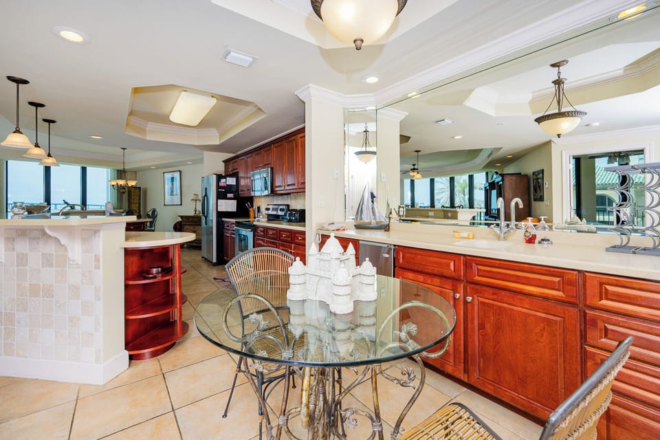 Grab a chilled drink from the fridge or create your favorite cocktail at the wet bar