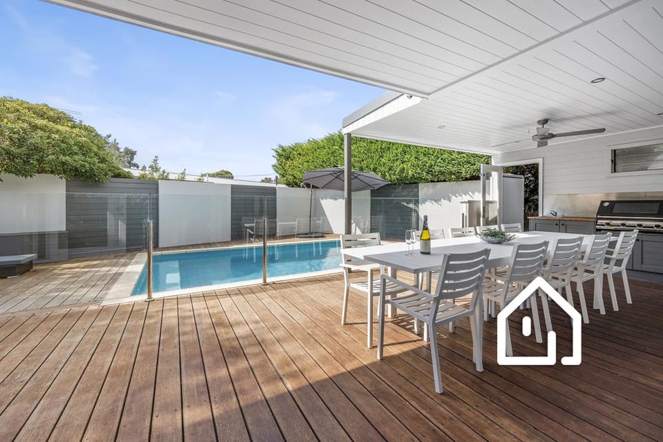 Pool area + large alfresco with inbuilt BBQ and bar fridge