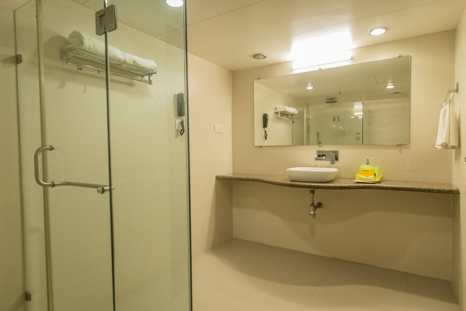 Shower, free toiletries, hair dryer, towels