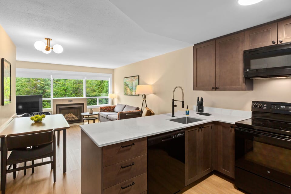 Deluxe Condo, 2 Bedrooms | Shared kitchen | Full-size fridge, microwave, stovetop, toaster