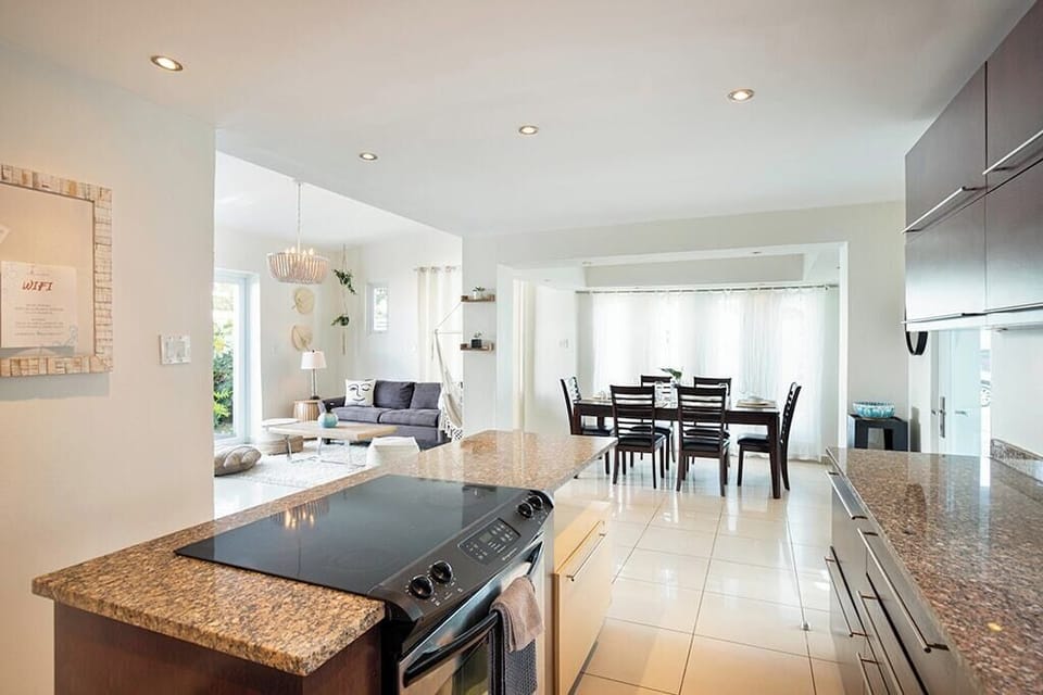 Kitchen, dining area, and living room