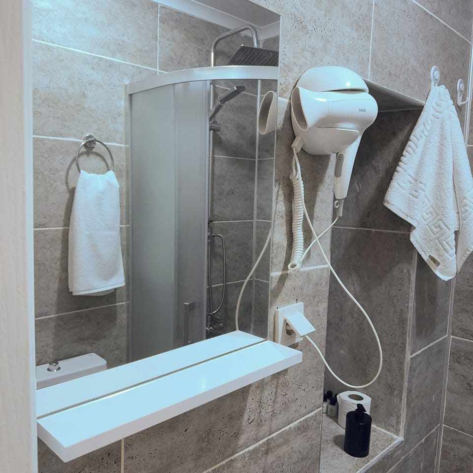 Family Triple Room | Bathroom | Shower, hair dryer, slippers, towels