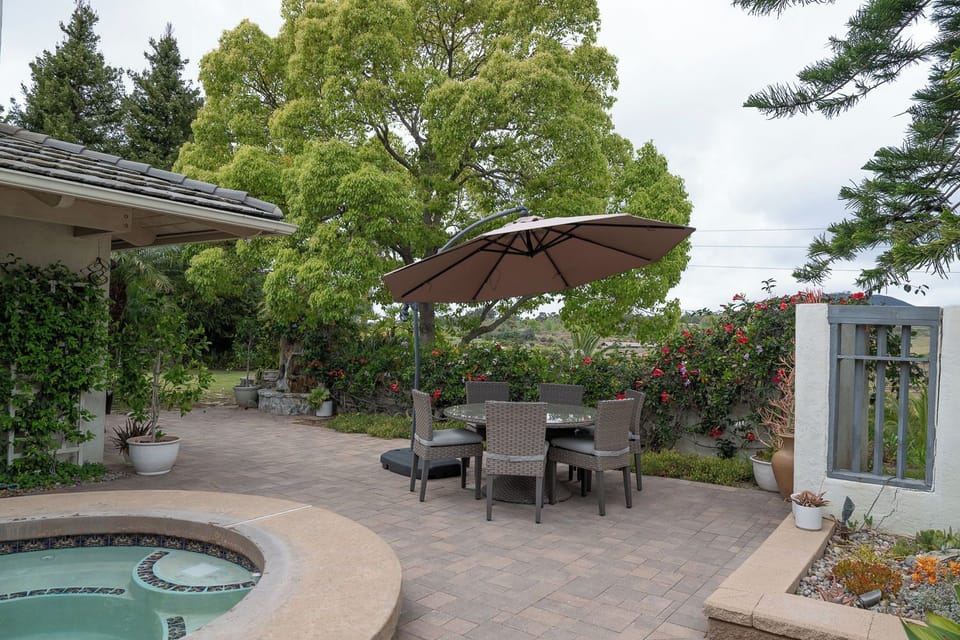 Patio with in-ground spa, rock water fountain, dining area, BBQ, sun or shade.