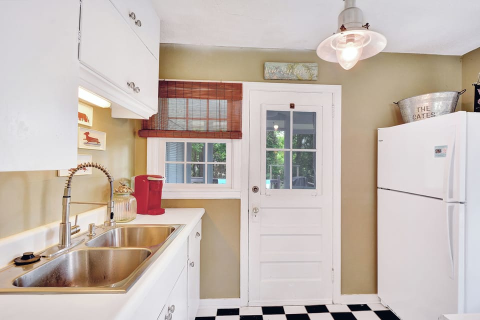 Kitchen Sink and Back Door - Kitchen work area with double sink, full-size refrigerator, back door, and quick access to the deck.