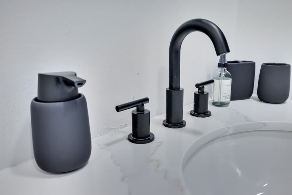 Spacious, modern bathroom. We provide linens and towel