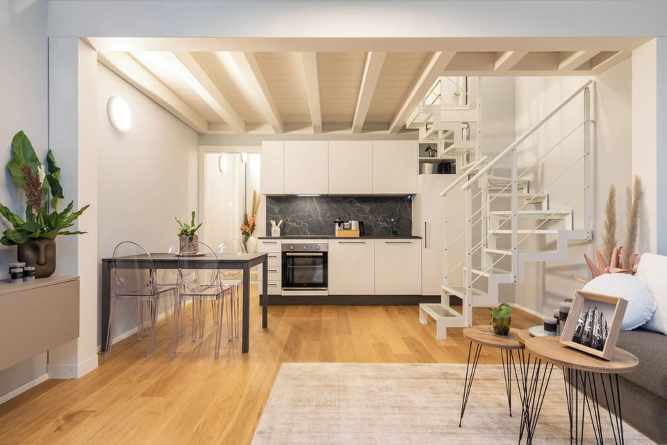 The full kitchen as see from the living-room